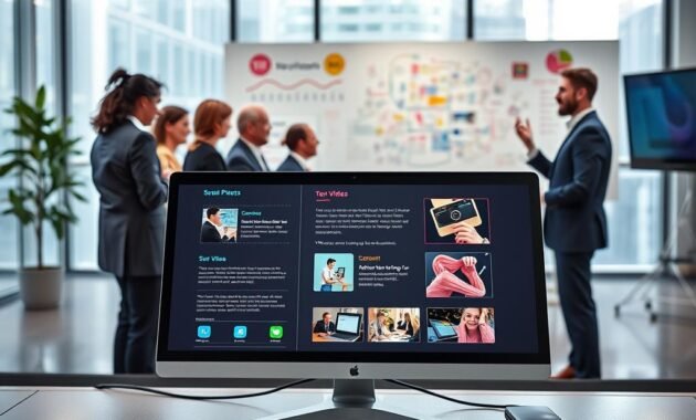 A high-tech digital workspace illustrating the workings of Sora, a text-to-video AI. In the foreground, a sleek computer with an open screen displaying vibrant graphics and prompts used for generating video content. In the middle, a diverse group of professionals, dressed in smart business attire, deeply engaged in brainstorming sessions, analyzing data, and discussing visual concepts. The background features a modern office setting with large windows letting in soft, natural light, highlighting a colorful whiteboard filled with ideas. The atmosphere is dynamic and innovative, with a subtle futuristic vibe reflecting creativity and technology in harmony. Use a lens with a slight bokeh effect to emphasize the foreground while keeping the middle and background details visible, conveying a sense of collaboration and creativity in the tech industry.