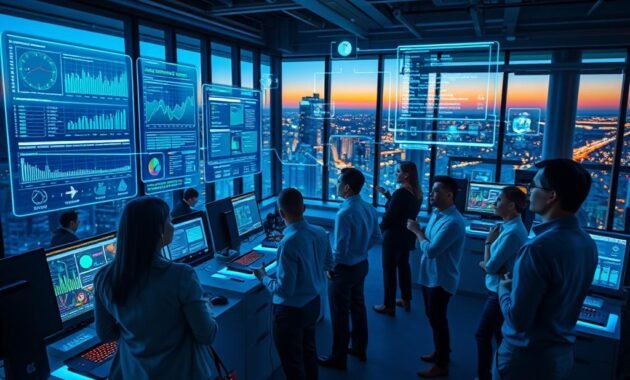 A high-tech scene depicting observability and logging in an environment for autonomous agents. In the foreground, a diverse group of professionals, dressed in smart casual attire, analyze vibrant holographic data streams showcasing metrics and logs from various autonomous agents. The middle ground features sleek, futuristic computer terminals with glowing screens displaying graphs, alerts, and visualizations interconnected by luminous lines. The background presents a modern office setting, illuminated by ambient blue and green lighting, with large windows revealing a cityscape at dusk. The atmosphere is focused and collaborative, highlighting innovation and the importance of data-driven insights. The perspective is slightly above eye level, capturing the complexity and energy of the environment.