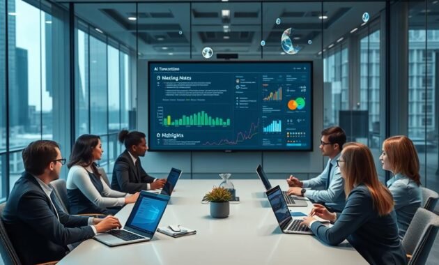 A modern office environment depicting an efficient AI transcription meeting setup. In the foreground, a diverse group of professionals in business attire are engaged in a discussion around a sleek conference table, with laptops and digital devices displaying vibrant graphs and data visualizations. In the middle, a large screen projects a seamless AI transcription interface, showcasing clean, organized meeting notes and highlights. The background features glass walls with city views, and the lighting is bright and professional, emphasizing clarity. The camera angle captures the dynamism of collaboration, with a hint of virtual elements floating around to symbolize AI integration. The mood is innovative and productive, reflecting the essential features of effective transcription technology.