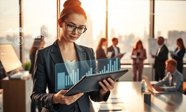 A modern office environment depicting the concept of AI policy compliance. In the foreground, a professional businesswoman in a sleek suit, confidently analyzing a series of data graphs on a digital tablet. She is surrounded by holographic displays showcasing AI regulatory documents and icons representing compliance standards. The middle ground features a diverse team of professionals engaged in discussions, some reviewing paperwork while others brainstorm with whiteboards filled with AI-related keywords. The background reveals a panoramic window overlooking a city skyline, bathed in warm afternoon light, creating a bright and optimistic atmosphere. The overall mood conveys focus, innovation, and collaboration in the realm of artificial intelligence governance and regulation. A modern office environment depicting the concept of AI policy compliance. In the foreground, a professional businesswoman in a sleek suit, confidently analyzing a series of data graphs on a digital tablet. She is surrounded by holographic displays showcasing AI regulatory documents and icons representing compliance standards. The middle ground features a diverse team of professionals engaged in discussions, some reviewing paperwork while others brainstorm with whiteboards filled with AI-related keywords. The background reveals a panoramic window overlooking a city skyline, bathed in warm afternoon light, creating a bright and optimistic atmosphere. The overall mood conveys focus, innovation, and collaboration in the realm of artificial intelligence governance and regulation.