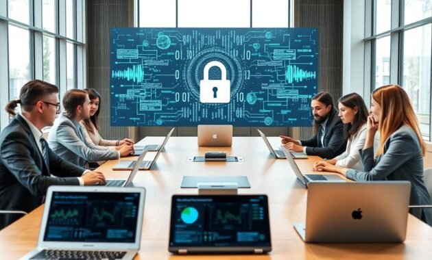 A modern office environment featuring a large conference table with sleek laptops and digital devices displaying data charts and transcripts. In the foreground, a diverse group of professionals dressed in business attire discuss and review data privacy protocols, exuding a sense of cooperation and diligence. The middle ground showcases a transparent screen displaying encrypted data visuals, symbolizing data security and privacy. In the background, large windows let in natural light, creating an inviting yet focused atmosphere. The lighting is bright and balanced, highlighting the seriousness of the topic. The overall mood is one of professionalism and integrity, emphasizing the importance of privacy in AI transcription.
