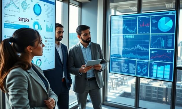 A modern office setting showcasing a diverse team of professionals analyzing data for training AI systems. In the foreground, a young woman in business attire observes a large screen displaying complex data visualizations, with charts and graphs illustrating machine learning algorithms. The middle of the image features two men discussing various data points, one pointing at a digital tablet while the other takes notes. In the background, a sleek window reveals a city skyline, allowing natural light to illuminate the scene. The atmosphere is focused and collaborative, emphasizing innovation in technology. Use a bright, airy lighting setup to enhance the productivity vibe, with a balanced composition that draws attention to the data training process. A modern office setting showcasing a diverse team of professionals analyzing data for training AI systems. In the foreground, a young woman in business attire observes a large screen displaying complex data visualizations, with charts and graphs illustrating machine learning algorithms. The middle of the image features two men discussing various data points, one pointing at a digital tablet while the other takes notes. In the background, a sleek window reveals a city skyline, allowing natural light to illuminate the scene. The atmosphere is focused and collaborative, emphasizing innovation in technology. Use a bright, airy lighting setup to enhance the productivity vibe, with a balanced composition that draws attention to the data training process.