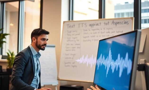 A modern office setting with a focus on a sleek, high-tech computer displaying a vibrant waveform graphic, symbolizing text-to-speech technology. In the foreground, a professional individual in smart casual attire is seen interacting with the computer, their face showing concentration and curiosity. The middle ground features a whiteboard filled with notes and diagrams about TTS applications. In the background, soft lighting from large windows creates a warm atmosphere, illuminating the workspace. The scene conveys an innovative mood, reflecting the efficiency of TTS over manual recordings. The image should evoke a sense of progress and engagement in technology. A modern office setting with a focus on a sleek, high-tech computer displaying a vibrant waveform graphic, symbolizing text-to-speech technology. In the foreground, a professional individual in smart casual attire is seen interacting with the computer, their face showing concentration and curiosity. The middle ground features a whiteboard filled with notes and diagrams about TTS applications. In the background, soft lighting from large windows creates a warm atmosphere, illuminating the workspace. The scene conveys an innovative mood, reflecting the efficiency of TTS over manual recordings. The image should evoke a sense of progress and engagement in technology.