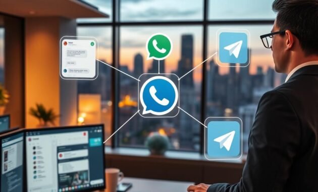 A modern office workspace showcasing diverse digital communication channels, highlighting the integration of web chat, WhatsApp, and Telegram. In the foreground, a business professional dressed in smart attire interacts with multiple screens displaying chat interfaces. The middle ground features floating app icons representing these platforms, interconnected by glowing lines symbolizing data flow. In the background, a sleek city skyline is visible through large windows, illuminated by soft evening light, adding a dynamic feel. Use warm, ambient lighting to create a professional yet inviting atmosphere. Capture the scene with a slight overhead angle to emphasize the technology and communication flow, while maintaining clarity in the details of the interfaces and the ambiance of the office environment. A modern office workspace showcasing diverse digital communication channels, highlighting the integration of web chat, WhatsApp, and Telegram. In the foreground, a business professional dressed in smart attire interacts with multiple screens displaying chat interfaces. The middle ground features floating app icons representing these platforms, interconnected by glowing lines symbolizing data flow. In the background, a sleek city skyline is visible through large windows, illuminated by soft evening light, adding a dynamic feel. Use warm, ambient lighting to create a professional yet inviting atmosphere. Capture the scene with a slight overhead angle to emphasize the technology and communication flow, while maintaining clarity in the details of the interfaces and the ambiance of the office environment.