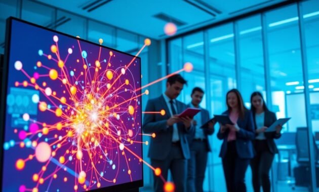 A modern, sleek digital workspace showcasing a dynamic visual representation of "semantic search." In the foreground, an illuminated computer screen displays colorful, interconnected nodes and abstract vectors symbolizing data embeddings, with vibrant lines connecting them to illustrate relationships. The middle layer features diverse professionals in business attire, actively engaging with digital devices—tablets, laptops—while analyzing the data projections displayed on the screen. In the background, a glass-walled office space conveys a high-tech atmosphere, complete with soft blue ambient lighting, giving a sense of innovation and collaboration. The overall mood is energetic and insightful, emphasizing the power and application of embeddings in search and clustering. The perspective should mimic a slightly elevated angle to capture the entire scene effectively.