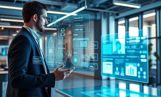 A modern workspace designed for conversational AI, featuring a sleek, futuristic interface displaying various components of conversational design. In the foreground, a professional-looking individual in business attire engages with a holographic display showcasing chatbots, voice assistants, and user interfaces. The middle ground includes a digital screen illustrating flowcharts and design elements, seamlessly integrating visuals of user interactions. The background reveals a well-lit, tech-savvy office environment with large windows, allowing natural light to enhance the atmosphere. Soft blue and green lighting creates a calm, innovative mood, while a wide-angle perspective captures the dynamic interplay between technology and human interaction, emphasizing the importance of user experience in conversational AI. A modern workspace designed for conversational AI, featuring a sleek, futuristic interface displaying various components of conversational design. In the foreground, a professional-looking individual in business attire engages with a holographic display showcasing chatbots, voice assistants, and user interfaces. The middle ground includes a digital screen illustrating flowcharts and design elements, seamlessly integrating visuals of user interactions. The background reveals a well-lit, tech-savvy office environment with large windows, allowing natural light to enhance the atmosphere. Soft blue and green lighting creates a calm, innovative mood, while a wide-angle perspective captures the dynamic interplay between technology and human interaction, emphasizing the importance of user experience in conversational AI.