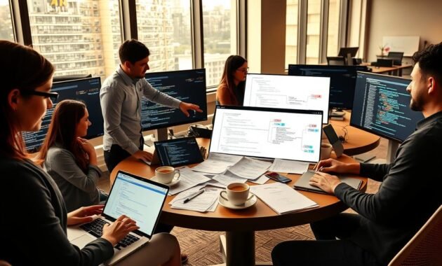 A modern workspace scene showcasing a diverse group of professionals collaborating over computer screens displaying code. In the foreground, a focused woman in business attire types on a laptop, her face illuminated by the screen's glow. Beside her, a man in smart casual clothing points at a flowchart on a tablet, highlighting key areas. In the middle, a round table is cluttered with code printouts, coffee cups, and brainstorming notes. The background features large windows with natural light flooding in, creating a bright atmosphere. Warm tones enhance the energy of teamwork and innovation, while the overall composition emphasizes a sense of urgency and excitement about leveraging AI for code generation.