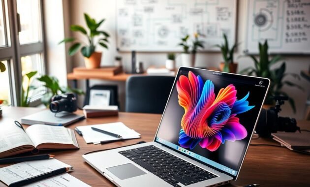 A modern workspace setup showcasing Stable Diffusion in action. In the foreground, a sleek laptop displays colorful, high-resolution images generated by Stable Diffusion, surrounded by essential tools like a graphics tablet and notes filled with technical sketches. The middle area features an organized desk with coding books and a digital camera, subtly illuminated by soft, natural lighting from a nearby window. In the background, there are plants and a whiteboard with graphical workflows and diagrams illustrating the text-to-image process. The atmosphere is focused and inspiring, embodying a creative tech environment with a warm, professional vibe, captured from a slightly elevated angle to emphasize the workspace's layout and design.
