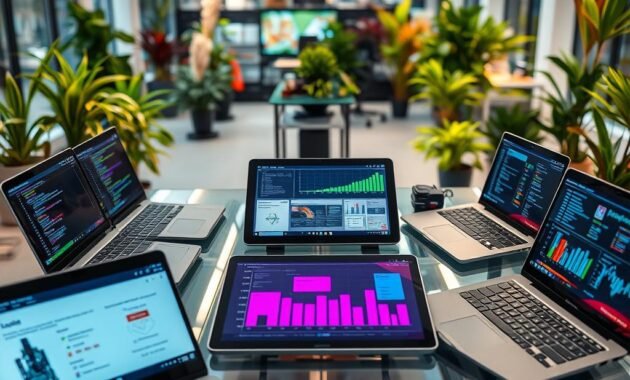 A modern workspace showcasing LangChain tools in action. In the foreground, there are sleek laptops with open screens displaying code snippets and diagrams related to tool calling and function tools. To the sides, well-organized toolkits filled with diverse hardware components, such as circuit boards and sensors. The middle ground features a clear glass table holding a digital tablet with vibrant graphs and analytical data about LLM applications. The background is a softly blurred high-tech office filled with vibrant plants and dynamic lighting that suggests innovation, using warm tones. The atmosphere is collaborative and focused, inviting creativity and efficiency. The scene should be bright and clean, captured from a slight overhead angle to provide depth and context, without any watermarks or text.