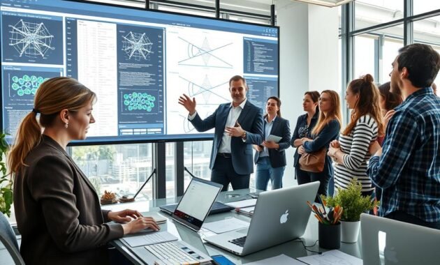 A modern workspace where a diverse team of professionals is training a neural network, featuring a large screen displaying complex data visualizations and neural network structures. In the foreground, a focused woman in a smart casual outfit is programming on a laptop, surrounded by notes and diagrams. In the middle, a man in business attire gestures towards the screen, explaining concepts to a small group of engaged colleagues. The background showcases a sleek office environment with bright, natural lighting streaming through large windows, creating an inspiring and innovative atmosphere. The image emphasizes collaboration, technology, and learning, reflecting the dynamic process of neural network training.