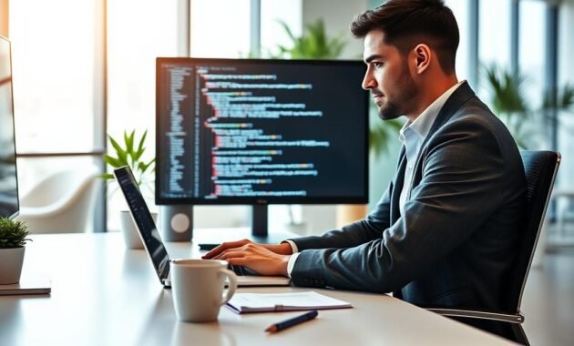 A professional male figure sitting at a modern workstation, illustrating a secure and efficient coding workflow. The foreground features a sleek desk with a laptop displaying code on the screen, accompanied by notes and a coffee mug. In the middle, a thoughtfully designed workspace reflects a blend of technology and organization, including a potted plant for a touch of nature. The background displays a bright office with large windows allowing natural light to flood in, creating a warm and inspiring atmosphere. The figure is dressed in smart casual attire, focused intently on the screen, embodying the essence of a productive coding session. The overall mood is one of concentration and professionalism, ideal for showcasing a safe workflow in coding.