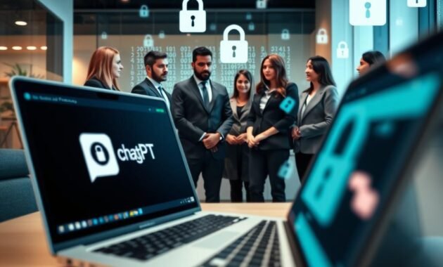 A professional, modern office setting with a focus on digital privacy. In the foreground, a sleek laptop displays a blurred ChatGPT interface, symbolizing secure communication. The middle layer features a diverse group of professionals in business attire, engaged in a discussion about data privacy; they are focused and attentive. The background includes digital elements like floating binary code and padlocks, representing secure data sharing. Soft, ambient lighting bathes the scene in a calm but serious atmosphere, emphasizing the importance of privacy. The angle is slightly above, providing a bird's eye view, allowing for a clear perspective of the collaborative discussion. The overall mood conveys trust and professionalism surrounding the theme of data security.