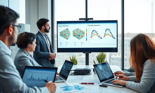A professional setting focusing on the evaluation of unsupervised learning results. In the foreground, a group of three diverse data scientists, dressed in formal business attire, are intensely reviewing visual data on a large digital screen displaying clustering graphs and dimensionality reduction visualizations. In the middle ground, there are data charts and analytics on desks, along with laptops showing algorithms in action. The background features a modern conference room with large windows allowing soft, natural light to pour in, creating a bright and collaborative atmosphere. The mood is focused and analytical, with a sense of innovation and teamwork in the air. The camera angle captures a slight bird's-eye view to highlight the interplay between the scientists and the data.