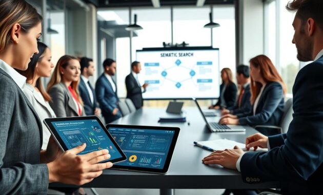 A professional setting showcasing the implementation of semantic search. In the foreground, a diverse group of professionals, dressed in business attire, collaborate over a modern, digital tablet displaying data visualizations related to semantic search concepts. In the middle ground, a sleek conference table is equipped with laptops, notes, and a large screen showing a flowchart of a step-by-step implementation process. The background features a bright, airy office space with large windows allowing natural light to flood in, enhancing a productive atmosphere. The scene is captured with a dynamic angle to emphasize teamwork and innovation, creating an inspiring mood of collaboration and technology in action.
