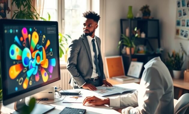 A serene workspace environment showcasing a professional at a desk, focused on crafting visual prompts. In the foreground, a computer screen displays a vibrant, abstract representation of "AI Image Generator" elements. The middle ground features the individual, a diverse person dressed in smart casual attire, engaged in thoughtful reflection, surrounded by colorful sketches and notes. In the background, soft sunlight filters through a window, casting gentle shadows, creating a calm and inspiring atmosphere. The room is decorated with plants and art supplies, enhancing the creative vibe. The image has a warm, inviting tone with a shallow depth of field, focused on the subject while creating a slight blur on the surroundings, emphasizing the creative process.