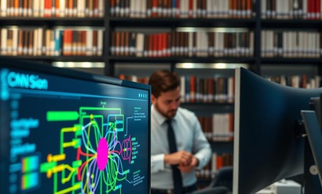 A sleek and modern computer laboratory showcasing a digital interface displaying a CNN (Convolutional Neural Network) architecture for image and video analysis. In the foreground, a close-up of a high-resolution computer screen illustrates a vibrant, colorful flowchart with interconnected nodes and layers representing the neural network’s structure. The middle ground features a professional individual in business attire, focused on adjusting settings on the computer. In the background, shelves filled with books on AI and computer vision, illuminated by soft, ambient lighting, create a scholarly atmosphere. The scene should convey innovation and a sense of advancement in technology, with a slightly blurred effect on the background to emphasize the foreground details. Use a wide-angle lens to capture the depth of the room.