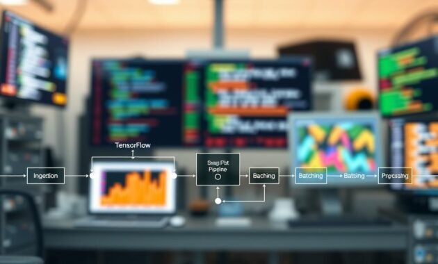 A sleek and modern input pipeline illustration, showcasing the process of data feeding into a machine learning model using TensorFlow. In the foreground, a visually appealing flowchart diagram displays interconnected nodes representing various stages of the input pipeline, such as data ingestion, preprocessing, and batching. The middle ground features abstract, colorful data visualizations, like graphs and charts, that illustrate data transformation and flow. The background consists of a softly blurred, high-tech laboratory or workspace setting, with glowing screens displaying code snippets. The lighting is bright yet soft, creating a professional atmosphere. The perspective is slightly elevated, giving a dynamic view of the pipeline's components, evoking a sense of innovation and technology in machine learning. A sleek and modern input pipeline illustration, showcasing the process of data feeding into a machine learning model using TensorFlow. In the foreground, a visually appealing flowchart diagram displays interconnected nodes representing various stages of the input pipeline, such as data ingestion, preprocessing, and batching. The middle ground features abstract, colorful data visualizations, like graphs and charts, that illustrate data transformation and flow. The background consists of a softly blurred, high-tech laboratory or workspace setting, with glowing screens displaying code snippets. The lighting is bright yet soft, creating a professional atmosphere. The perspective is slightly elevated, giving a dynamic view of the pipeline's components, evoking a sense of innovation and technology in machine learning.