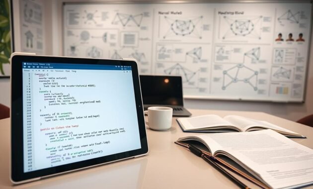 A sleek and modern workspace showcasing the concept of a Sequential Model in deep learning. In the foreground, a digital tablet displays an open Keras notebook with neatly laid-out code snippets representing layers of a sequential model. In the middle, a well-organized desk featuring a laptop, coffee cup, and open notepad, surrounded by diagrams illustrating neural networks with interconnected layers. The background contains a large whiteboard filled with charts and illustrations of deep learning concepts. Soft, diffused lighting creates a professional atmosphere, accentuating the tech-savvy environment. The angle captures both the workspace and the creative energy, inviting viewers to explore the world of machine learning. No text or markings are present.