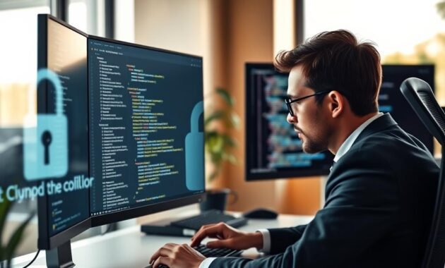 A sleek, modern office setting featuring a developer at a dual-monitor workstation, intently reviewing code with GitHub Copilot open on one screen. The foreground shows the developer, a person in smart business attire, focused and deep in thought, with their hands poised over the keyboard. The middle ground includes a transparent overlay of code snippets related to security protocols, subtly integrated into the scene to symbolize security concerns. The background has a blurred image of a digital security lock and lines of code, suggesting an emphasis on cybersecurity. Warm, natural lighting filters through a large window, creating a productive atmosphere. The overall mood is one of concentration and professional diligence, highlighting the importance of security in coding practices.