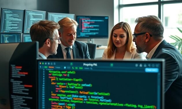 A sophisticated digital workspace featuring a high-end computer setup with multiple monitors. In the foreground, a diverse team of professionals—two men and one woman—are engaged in an intense discussion, all dressed in smart business attire. In the middle ground, detailed visuals of a graphical user interface displaying code and model parameters related to PEFT and LoRA fine-tuning, with vivid colors contrasting with a sleek, modern design. The background shows a large window with natural light streaming in, illuminating the room, creating a focused and innovative atmosphere. The camera angle is slightly elevated, capturing the team's collaboration from above, while emphasizing the complexity and technological sophistication of the scene.
