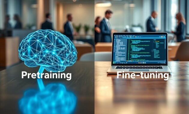 A split-screen image illustrating "Pretraining vs Fine-tuning." In the foreground, a large digital brain made of intricate neural network patterns, glowing softly in shades of blue and green, representing the pretraining phase. In the middle, a polished wooden table with a laptop displaying code and data visualizations, symbolizing the fine-tuning process. In the background, a blurred office environment with professionals in business attire engaged in discussions, conveying collaboration and innovation. Soft, diffused lighting highlights the brain and laptop, casting gentle reflections on the table. The atmosphere is focused yet creative, emphasizing the duality of the two processes in developing large language models. A split-screen image illustrating "Pretraining vs Fine-tuning." In the foreground, a large digital brain made of intricate neural network patterns, glowing softly in shades of blue and green, representing the pretraining phase. In the middle, a polished wooden table with a laptop displaying code and data visualizations, symbolizing the fine-tuning process. In the background, a blurred office environment with professionals in business attire engaged in discussions, conveying collaboration and innovation. Soft, diffused lighting highlights the brain and laptop, casting gentle reflections on the table. The atmosphere is focused yet creative, emphasizing the duality of the two processes in developing large language models.