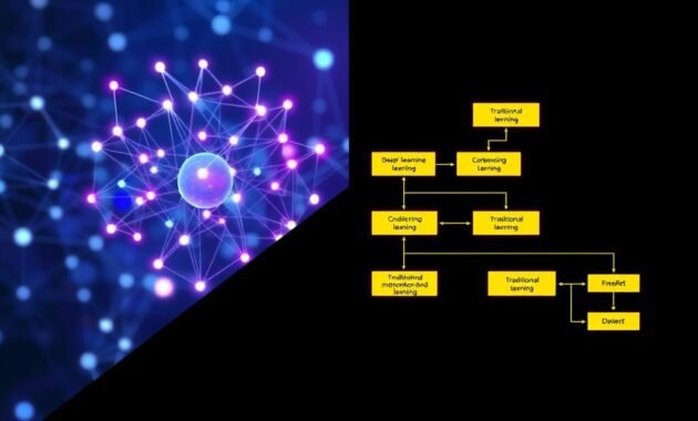 A split-screen image illustrating the difference between deep learning and traditional machine learning. On the left, a neural network diagram with multiple layers, nodes, and connections, glowing softly with blue and purple light, representing deep learning. The background features abstract digital patterns, hinting at complexity and vast data processing. On the right, a simpler flowchart showcasing traditional machine learning, with straightforward algorithms and data inputs, illuminated with warm yellow tones. The transition between the two halves should be seamless yet distinct, with contrasting colors symbolizing their differences. The overall mood is informative and educational, with a clean, professional aesthetic suitable for a technology article.