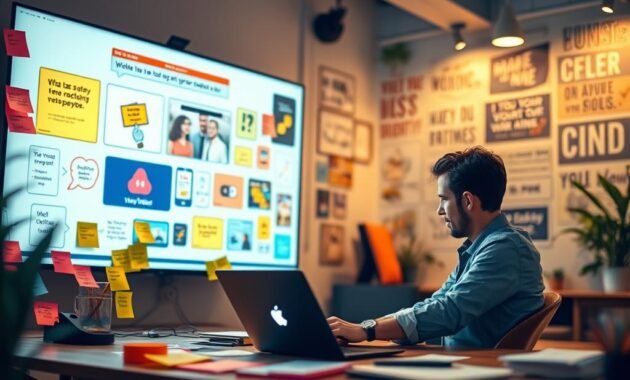 A vibrant, dynamic workspace illustrating the concept of "prompt video" creation. In the foreground, a focused professional in smart casual clothing types on a laptop, surrounded by colorful sticky notes and digital sketches, representing various video ideas and prompts. In the middle ground, a large screen displays a visually engaging AI video generator interface, with animated graphics and text bubbles showcasing evolving concepts. The background features an inspiring wall with motivational quotes and artistic visuals related to video creation. Soft, warm lighting casts a productive ambiance, while a shallow depth of field accentuates the focused subject and glowing screen. The atmosphere conveys creativity, innovation, and the collaborative spirit of modern technology.