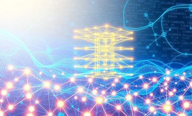A vibrant illustration depicting a perceptron and a multi-layer perceptron in a futuristic digital environment. In the foreground, individual perceptrons are represented as glowing geometric nodes, interconnected by luminous lines resembling synapses. The middle layer showcases a multi-layer perceptron with multiple layers of these nodes, creating a deep neural network structure, emphasizing connections and data flow. The background features an abstract representation of a data landscape with flowing circuits and binary codes, creating a tech-inspired atmosphere. Soft blue and green lighting casts an ethereal glow over the elements, enhancing the sense of innovation and technology. The angle is slightly elevated, giving a panoramic view of this neural network architecture, conveying a mood of exploration and advancement in artificial intelligence.