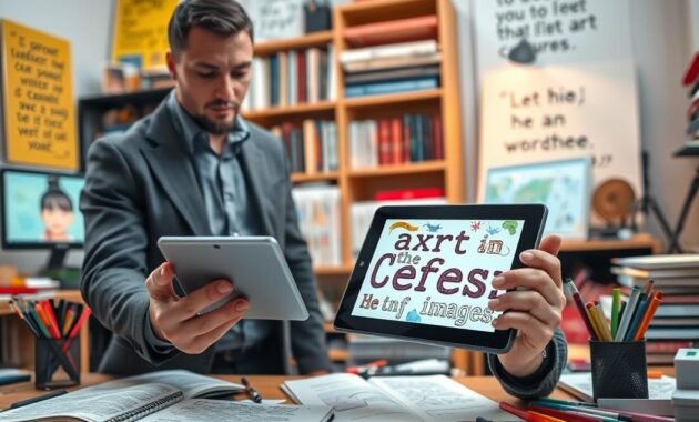 A visually engaging digital workspace where a professional artist illustrates the concept of transforming text into images. In the foreground, the artist, dressed in stylish business casual attire, focuses intently on a tablet displaying vibrant, dynamic illustrations emerging from written text. The middle ground features a creative chaos of sketchbooks, colorful markers, and digital screens showcasing various art styles. In the background, soft, warm lighting highlights a bookshelf filled with art books and inspirational quotes, creating an ambiance of creativity and professionalism. The angle captures the artist's perspective, emphasizing the process of artistic creation, while ensuring a sense of approachability and innovation permeates the scene.