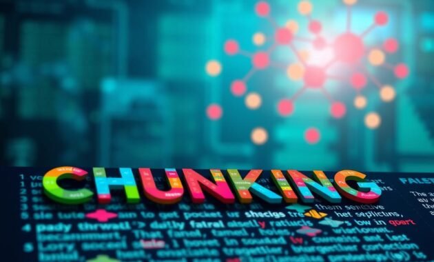 A visually engaging illustration of "chunking" in data processing. In the foreground, a digital representation of text being segmented into smaller parts, resembling colorful puzzle pieces, each labeled with keywords or phrases. In the middle ground, an abstract scene showing interconnected nodes, symbolizing relationships between the chunks, with lines and arrows demonstrating data flow. The background features a soft gradient of blue and green tones, evoking a calm and analytical atmosphere, similar to a modern data lab. Bright, focused lighting highlights the chunks and nodes, creating a sense of clarity and focus. Use a slight tilt angle to add dynamism to the composition, inviting viewers into a world of data organization and vectorization techniques.