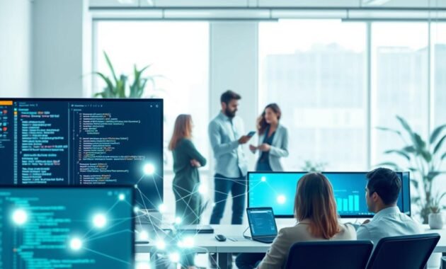 A visually engaging representation of an "OpenAI Chat API" in a modern workspace. In the foreground, sleek computer screens display code and chat interactions, with glowing lines connecting them, symbolizing data flow and communication. The middle layer features a diverse group of professionals, dressed in smart casual attire, intently discussing ideas and analyzing API request/response patterns. The background includes a minimalist office setting with light-colored walls, large windows letting in natural light, and potted plants for a fresh atmosphere. A cool color palette of blues and greens adds a tech-savvy feel, while soft shadows create depth. The overall mood is innovative and collaborative, reflecting a sophisticated integration of AI in communication.
