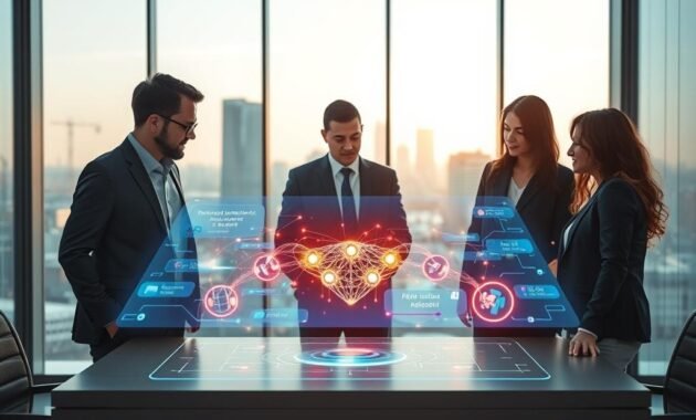 A visually engaging representation of "how ChatGPT works," set in a sleek, modern tech environment. In the foreground, a diverse group of three professionals, dressed in smart business attire, are collaborating around a high-tech holographic display showing neural network patterns and data flows. In the middle, the holographic interface floats above a table, with vibrant colors depicting interactions between users and the AI. In the background, a futuristic office setting features large windows with a city skyline, soft natural light flooding the room, creating a bright and innovative atmosphere. The overall mood should convey collaboration, intelligence, and technological advancement, emphasizing a sense of teamwork in understanding AI functionality. Capture the scene from a slightly elevated angle to showcase both the professionals and the holographic display clearly.