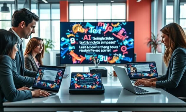 A visually engaging scene depicting a modern workspace where an AI video generation process is taking place. In the foreground, a diverse group of three professionals, dressed in smart business attire, are collaborating around a sleek table with laptops open, showcasing dynamic AI-generated video thumbnails. In the middle ground, a large digital screen displays an engaging short video created from text and images, featuring vibrant animations and captivating visuals. The background reveals a vibrant office environment with large windows letting in soft, natural light, creating an optimistic and innovative atmosphere. The camera angle is slightly elevated, providing a clear view of the workspace, while the overall mood conveys creativity and teamwork.