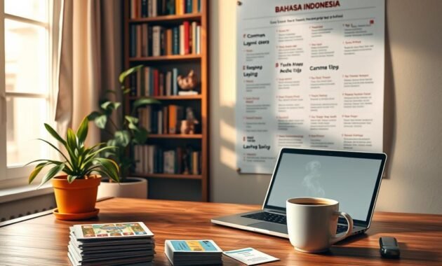 A visually engaging scene depicting tips for learning Bahasa Indonesia, featuring a warm-toned study environment. In the foreground, a neatly arranged wooden desk adorned with a stack of colorful flashcards, a sleek laptop open to a language learning app, and a steaming cup of coffee. The middle ground showcases a vibrant potted plant adding a touch of life, alongside a large wall poster illustrating common Bahasa Indonesia phrases and grammar tips. In the background, a softly lit bookshelf filled with various language books and cultural artifacts, casting gentle shadows. The lighting should be natural and inviting, reminiscent of a cozy afternoon, creating a productive and focused atmosphere. The angle should suggest a slightly elevated perspective, emphasizing the organized workspace without any people.