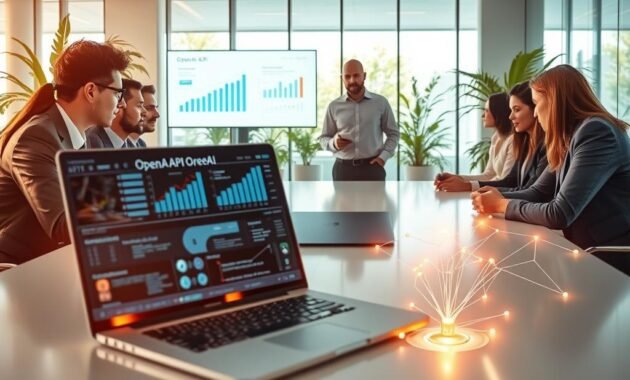 A visually engaging scene illustrating "cost optimization" with OpenAI technology. In the foreground, a group of diverse professionals in smart business attire are gathered around a sleek, modern conference table, analyzing charts and graphs displayed on a digital screen. Mid-ground elements include a high-tech laptop showcasing intricate OpenAI API functionality, with glowing connections symbolizing data flow. The background features a futuristic office environment, with glass walls, greenery, and natural light streaming in. The atmosphere is focused and collaborative, reflecting innovation and strategic planning. Use warm, natural lighting to create an inviting yet professional ambiance, shot from a slightly elevated angle to encompass the entire scene.