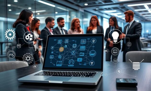 A visually engaging scene illustrating the concept of "chains, prompts, and tools" in a tech context. In the foreground, a sleek, modern work desk features a high-tech laptop displaying interconnected digital diagrams, symbolizing chains of prompts. Surrounding the laptop, detailed icons of various tools like gears and lightbulbs represent the functions of prompts and tools in application development. In the middle ground, a team of diverse professionals, dressed in smart business attire, collaborate over the desk, discussing ideas, with a thoughtful and focused atmosphere. The background showcases a futuristic office environment with glass walls and ambient lighting, enhancing a sense of innovation and creativity. The composition is well-lit, with soft shadows, creating a professional yet dynamic mood.