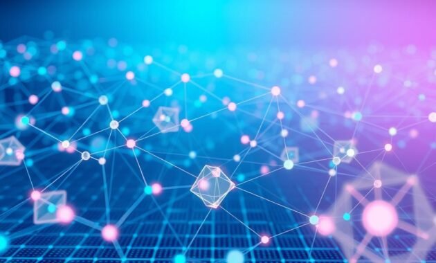 A visually striking concept of "embedding" illustrated through a 3D representation of interconnected nodes and vectors. In the foreground, semi-transparent geometric shapes symbolize data points emitting soft glows in various colors, representing the abstract nature of information. In the middle ground, intricate lines weave through these nodes, showcasing relationships and connections, emphasizing depth. The background features a digital grid fading into a soft gradient of blue and purple hues, giving a sense of infinity and technology. The lighting is bright and focused on the nodes, casting subtle shadows to enhance the 3D effect. The mood is innovative and futuristic, encouraging curiosity and exploration in the realms of vector databases and semantic search.