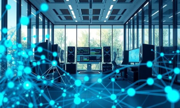 A visually striking illustration depicting the concept of "Merge LoRA" in a high-tech environment. In the foreground, an abstract representation of neural networks merges seamlessly, with nodes and connections glowing softly in blue and green hues. In the middle ground, a futuristic computer setup is shown, with screens displaying data flows and algorithms in action. The background features a sleek, modern office environment with large glass windows allowing natural light to filter in, enhancing the tech ambiance. The scene should evoke a sense of innovation and sophistication. The lighting should be bright but soft, casting gentle shadows, and the perspective should emphasize depth, creating an immersive, professional atmosphere filled with technology and creativity.