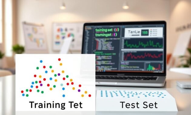 A visually striking illustration of a "train test split" concept in machine learning, showcasing a split dataset. In the foreground, a large, stylized graphical representation of a dataset, divided into two sections: one labeled "Training Set" and the other "Test Set," featuring colorful data points in various shapes. In the middle ground, a sophisticated laptop displaying code snippets and graphs related to model training and evaluation. The background includes soft, blurred office elements, suggesting a collaborative workspace with whiteboards and charts. The scene is brightly lit, conveying a sense of clarity and focus, while the overall mood is professional and educational, aimed at demystifying supervised learning concepts.