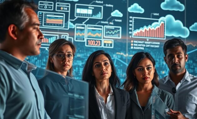 A visually striking illustration of "dataset bias." In the foreground, a diverse group of professionals in business attire analyze various datasets displayed on large transparent screens, their expressions reflecting concern and concentration. In the middle ground, data flow charts and graphs emerge, some showing skewed results and disparities, symbolizing bias in AI. The background features a digital landscape filled with binary code and abstract representations of data clouds, conveying a high-tech atmosphere. Soft, dramatic lighting highlights the individuals’ faces, creating a serious and contemplative mood. The perspective is slightly angled to emphasize the complexity of data interpretation, inviting viewers to contemplate the implications of dataset bias in AI.