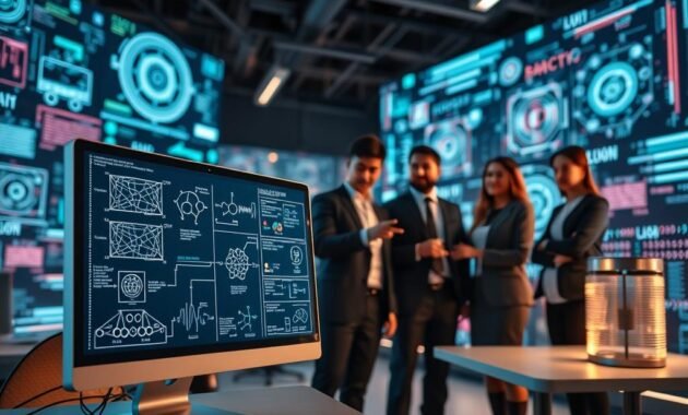 A visually striking illustration of popular machine learning algorithms. In the foreground, a sleek, modern computer with a glowing screen displaying complex graphs and flowcharts representing algorithms such as neural networks and decision trees. In the middle ground, a diverse group of professionals in business attire engaged in discussion, pointing at the screen, their expressions focused and collaborative. The background features a futuristic workspace filled with digital screens projecting data visualizations, circuit patterns, and binary code. Soft, ambient lighting creates an inviting atmosphere, highlighting the juxtaposition of human intellect and advanced technology. The angle is slightly elevated, capturing both the group and the intricate details of the algorithms on the screen.