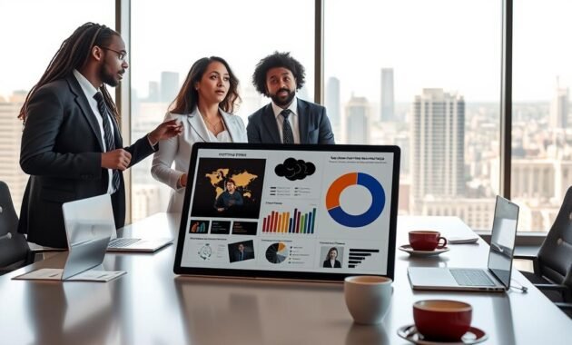 A visually striking representation of a conceptual meeting space dedicated to discussing the limitations and content policies of AI-generated images. In the foreground, a diverse group of three professionals dressed in smart business attire, engaged in a collaborative discussion around a large digital tablet displaying a pie chart and relevant AI graphics. In the middle ground, a sleek, modern conference table with laptops, papers, and coffee cups, suggesting a productive brainstorming session. The background features a large window with a cityscape view, letting in bright, natural daylight that creates an open and inviting atmosphere. The lighting is warm and soft, highlighting the engaged expressions of the participants. The overall mood is focused and innovative, capturing the essence of ethical considerations in technology.