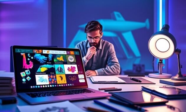 A visually striking representation of the concept of "midjourney tips," featuring a futuristic workspace. In the foreground, a sleek laptop displays a colorful array of artistic prompts and generated images, showcasing diverse styles and techniques. In the middle, an individual in smart casual attire thoughtfully analyzes the screen, with a notepad and pen beside them, symbolizing note-taking and idea generation. The background is softly lit with ambient blue and purple lighting, creating a tech-inspired atmosphere. The desk is organized yet dynamic, with sketchbooks, art supplies, and a digital tablet scattered around, enhancing the creative setting. The overall mood is focused and inspiring, encouraging creativity and exploration in the digital art journey. A visually striking representation of the concept of "midjourney tips," featuring a futuristic workspace. In the foreground, a sleek laptop displays a colorful array of artistic prompts and generated images, showcasing diverse styles and techniques. In the middle, an individual in smart casual attire thoughtfully analyzes the screen, with a notepad and pen beside them, symbolizing note-taking and idea generation. The background is softly lit with ambient blue and purple lighting, creating a tech-inspired atmosphere. The desk is organized yet dynamic, with sketchbooks, art supplies, and a digital tablet scattered around, enhancing the creative setting. The overall mood is focused and inspiring, encouraging creativity and exploration in the digital art journey.