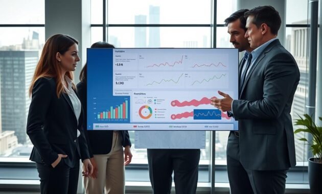 A well-lit modern office with a professional atmosphere serves as the backdrop. In the foreground, a diverse team of three professionals, two women and one man, dressed in smart business attire, are intently analyzing a digital interface displaying chatbot metrics and performance graphs. The middle ground features a large screen showcasing a flowing visualization of data analytics related to chatbot interactions, illustrating user satisfaction and response times. In the background, large windows let in natural light, revealing a bustling cityscape outside. The mood is focused and collaborative, emphasizing the evaluation of chatbot effectiveness in a business context. The image captures crisp clarity, using a wide-angle perspective to create an immersive experience without any text or overlays. A well-lit modern office with a professional atmosphere serves as the backdrop. In the foreground, a diverse team of three professionals, two women and one man, dressed in smart business attire, are intently analyzing a digital interface displaying chatbot metrics and performance graphs. The middle ground features a large screen showcasing a flowing visualization of data analytics related to chatbot interactions, illustrating user satisfaction and response times. In the background, large windows let in natural light, revealing a bustling cityscape outside. The mood is focused and collaborative, emphasizing the evaluation of chatbot effectiveness in a business context. The image captures crisp clarity, using a wide-angle perspective to create an immersive experience without any text or overlays.