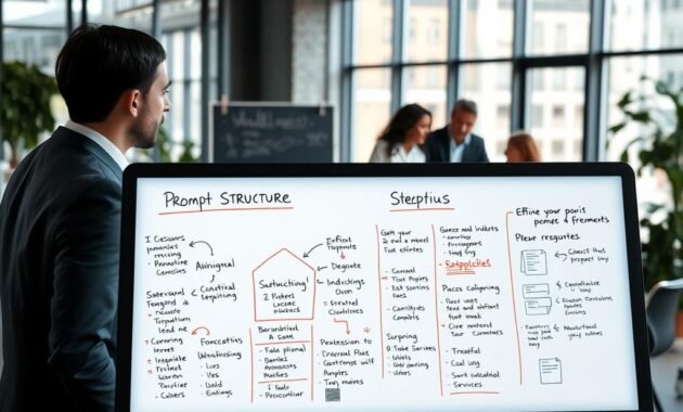 A well-structured visual representation of "Prompt Structure" for an article on prompt engineering. In the foreground, a close-up view of a digital whiteboard filled with organized notes, flowcharts, and bullet points illustrating effective prompt elements. In the middle ground, a professional setting with a diverse group of three individuals in business attire collaborating around a table, discussing and refining their ideas, showcasing teamwork and creativity. The background features a modern office environment with large windows allowing natural light to illuminate the scene, creating a bright and inspiring atmosphere. The camera angle is slightly elevated, capturing both the teamwork in action and the details on the whiteboard. Overall, the mood is focused and innovative, embodying the essence of effective prompt creation.