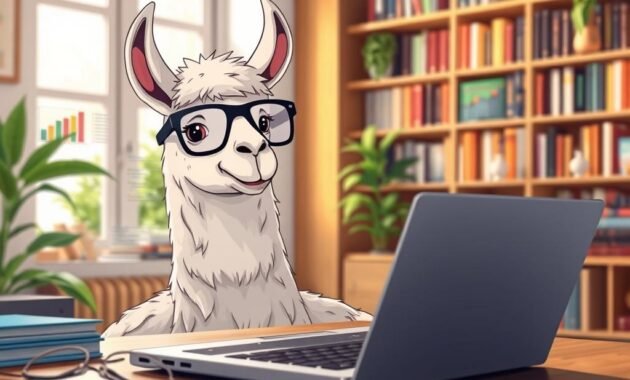 A whimsical and informative illustration of a llama engaging in the process of inference, with a sleek laptop in front of it. In the foreground, the llama, adorned with computer glasses, intently observes the screen, surrounded by colorful data charts and code snippets. The middle ground showcases a cozy study room filled with shelves of books about AI and machine learning, hints of greenery peeking through a nearby window. The background features a soft, warm light filtering in, creating a relaxed and curious atmosphere. The scene is rendered in a crisp and professional style, with a shallow depth of field, focusing on the llama's expressive face while blurring the background details to emphasize the tech-savvy environment. A whimsical and informative illustration of a llama engaging in the process of inference, with a sleek laptop in front of it. In the foreground, the llama, adorned with computer glasses, intently observes the screen, surrounded by colorful data charts and code snippets. The middle ground showcases a cozy study room filled with shelves of books about AI and machine learning, hints of greenery peeking through a nearby window. The background features a soft, warm light filtering in, creating a relaxed and curious atmosphere. The scene is rendered in a crisp and professional style, with a shallow depth of field, focusing on the llama's expressive face while blurring the background details to emphasize the tech-savvy environment.