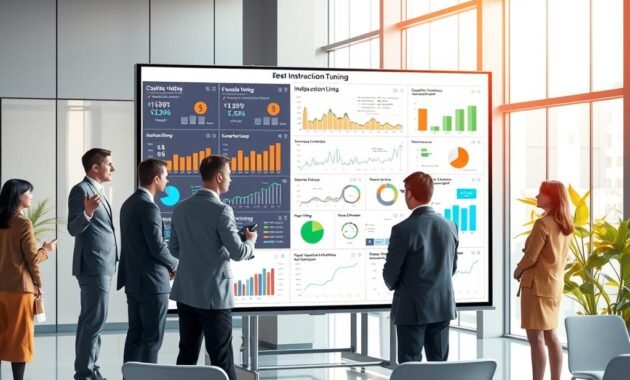 An illustration representing "evaluasi instruction tuning" featuring a professional setting. In the foreground, a diverse group of individuals in business attire are engaged in a discussion around a large, interactive digital screen displaying complex data visualization related to instruction tuning metrics. In the middle ground, charts and graphs depict various aspects of compliance and quality assessment, with a focus on clarity and insightfulness. The background shows a sleek, modern office environment with large windows letting in natural light, casting a warm glow over the space. Use a balanced composition from a slight angle, ensuring an inviting and analytical atmosphere, emphasizing collaboration and innovation in the evaluation process.
