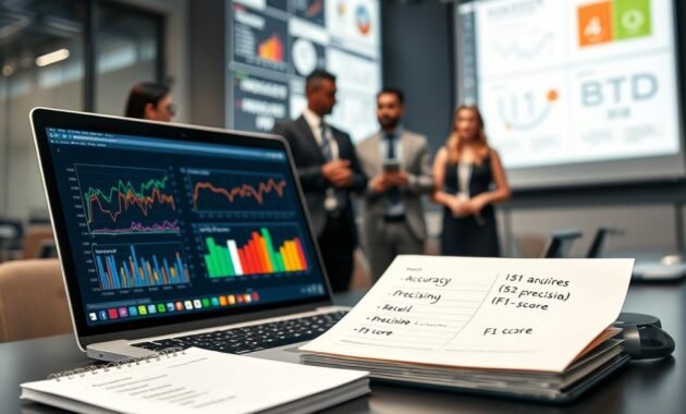 An informative scene depicting important model metrics in supervised learning. In the foreground, a sleek and modern laptop displays colorful graphs and data visualizations showcasing accuracy, precision, recall, and F1-score metrics. Beside the laptop, a notepad with neatly organized bullet points highlights these metrics. In the middle, a diverse team of professionals in business attire discusses the data insights, illustrating collaboration and learning. The background shows a large screen projecting additional metrics and diagrams, creating a tech-savvy atmosphere. The lighting is bright and focused, emulating a productive workspace, with a subtle depth of field that blurs the background slightly to emphasize the team and laptop in the foreground. The overall mood is dynamic yet informative, capturing the essence of learning and application in data science.