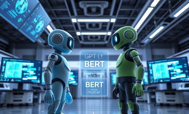 In a dynamic tech-focused scene, visualize two animated humanoid figures representing GPT and BERT, standing face to face in a digital arena. The foreground features GPT, characterized by a sleek, futuristic appearance in a glowing azure color palette, exuding confidence and creativity. Opposite, BERT appears as a more structured and logical figure, adorned in a calming green aesthetic, embodying reliability and depth. The middle ground showcases floating holographic interfaces displaying data and NLP concepts, enhancing the intellectual rivalry. The background is a high-tech laboratory filled with screens showing neural networks and code, illuminated by bright LED lights casting a futuristic ambiance. The angle is slightly low, giving a dominating perspective on the interaction, emphasizing competition and innovation, all within a crisp and clean environment. In a dynamic tech-focused scene, visualize two animated humanoid figures representing GPT and BERT, standing face to face in a digital arena. The foreground features GPT, characterized by a sleek, futuristic appearance in a glowing azure color palette, exuding confidence and creativity. Opposite, BERT appears as a more structured and logical figure, adorned in a calming green aesthetic, embodying reliability and depth. The middle ground showcases floating holographic interfaces displaying data and NLP concepts, enhancing the intellectual rivalry. The background is a high-tech laboratory filled with screens showing neural networks and code, illuminated by bright LED lights casting a futuristic ambiance. The angle is slightly low, giving a dominating perspective on the interaction, emphasizing competition and innovation, all within a crisp and clean environment.